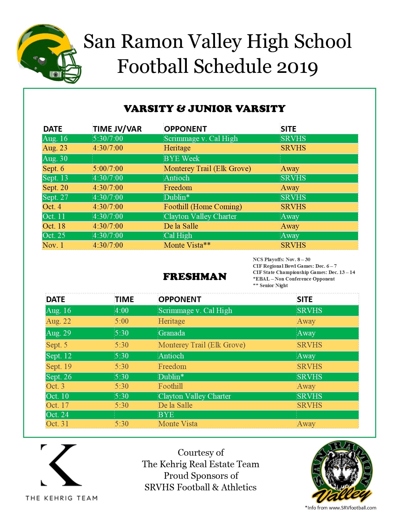 San Ramon Valley High School 2019 Football Schedule