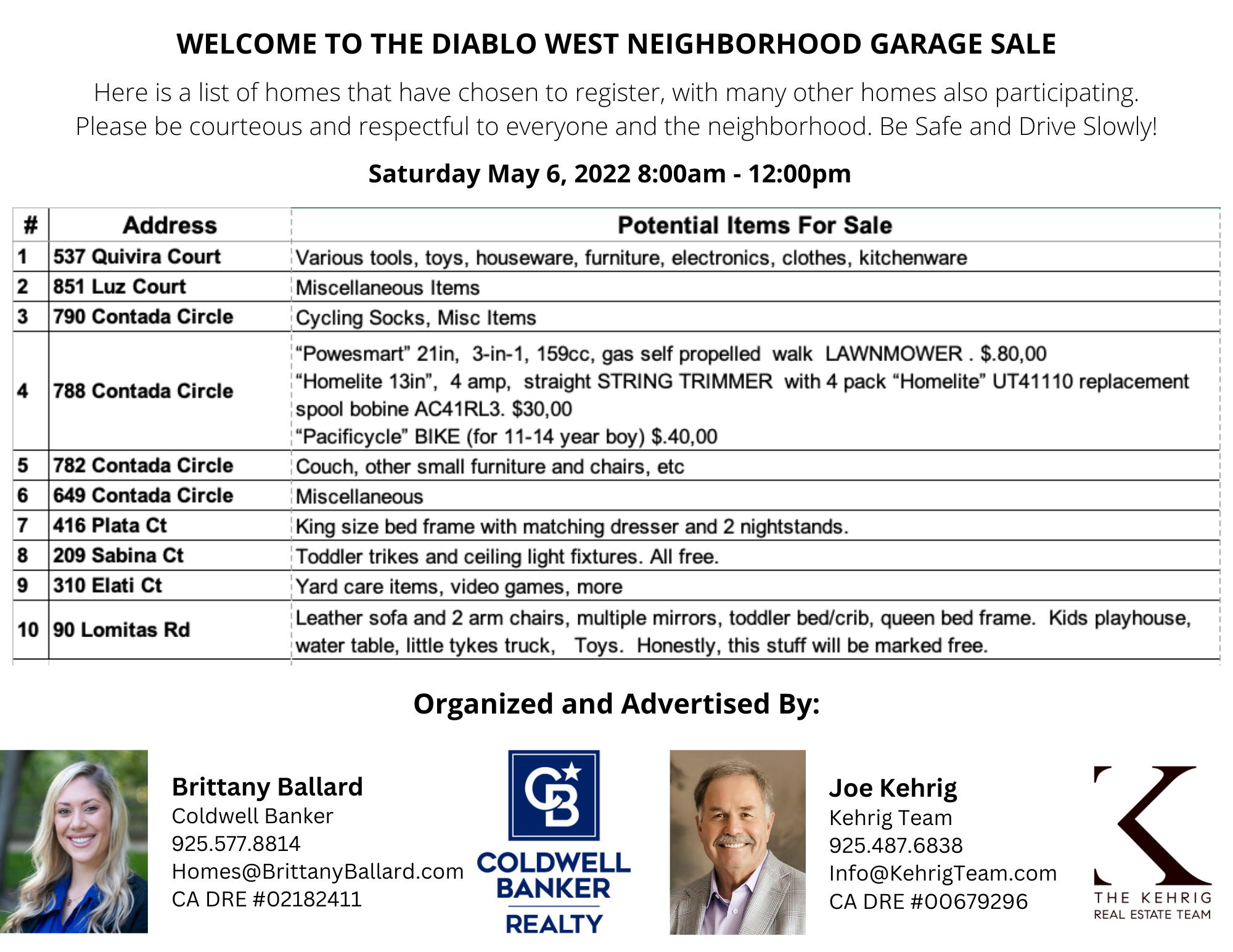 Diablo West Neighborhood Garage Sale May 6th, 2023 800am 1200pm